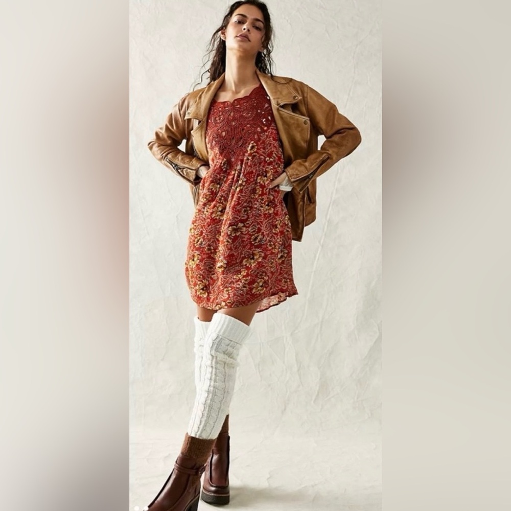 Free People Margot Printed floral babydoll boho crochet dress small terra cotta